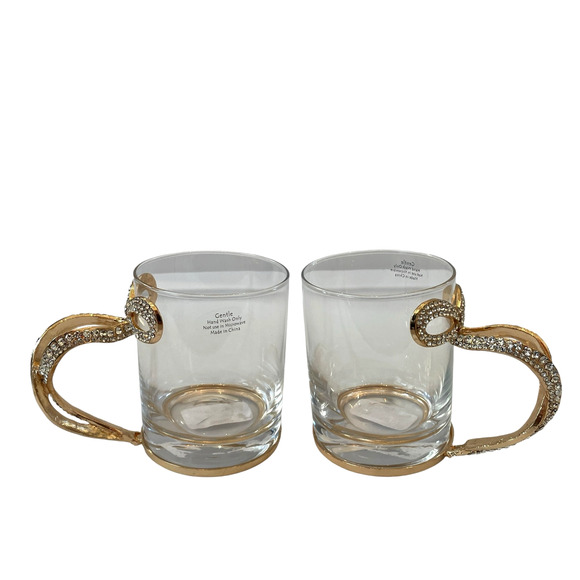 Gold & Rhinestone BOW Handle Glass Mug Coffee Tea Cup Set of 2 Glam Kitchen New - Picture 10 of 16